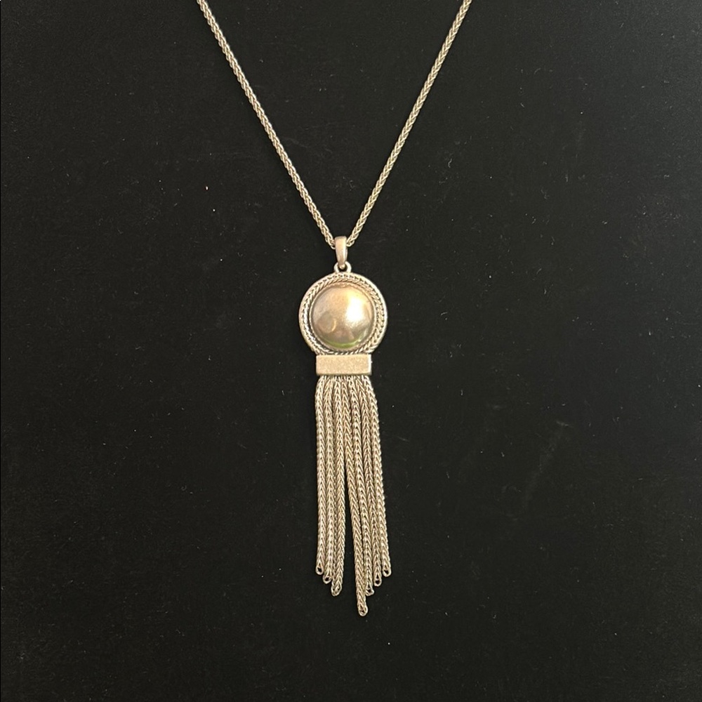 Adjustable length Lucky Brand Chain Necklace with Fringe #141. Silver tone